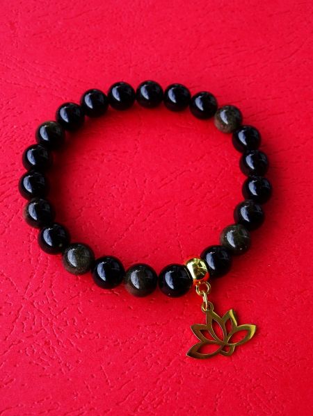 Zlatni opsidijan i privezak lotos, narukvica
